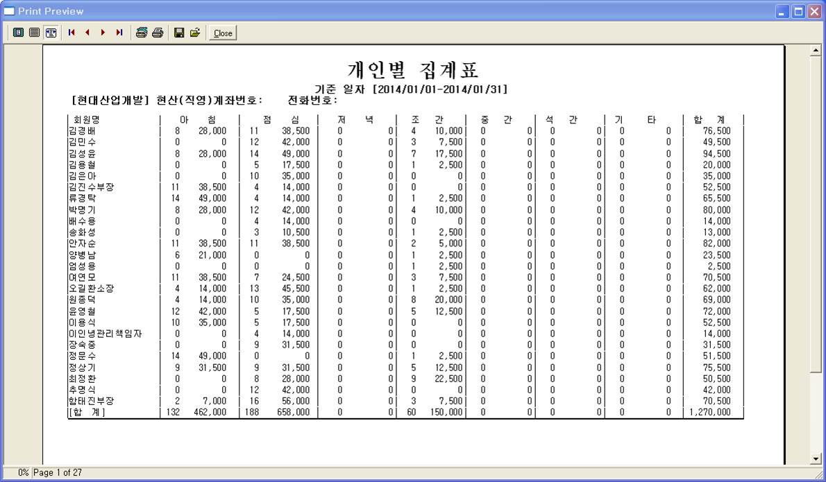 월결산시 개인별로 집계표를 확인하는 화면(2)