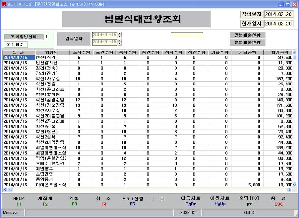 팀별로 조,중,석,간식,기타를 확인해보는 화면
