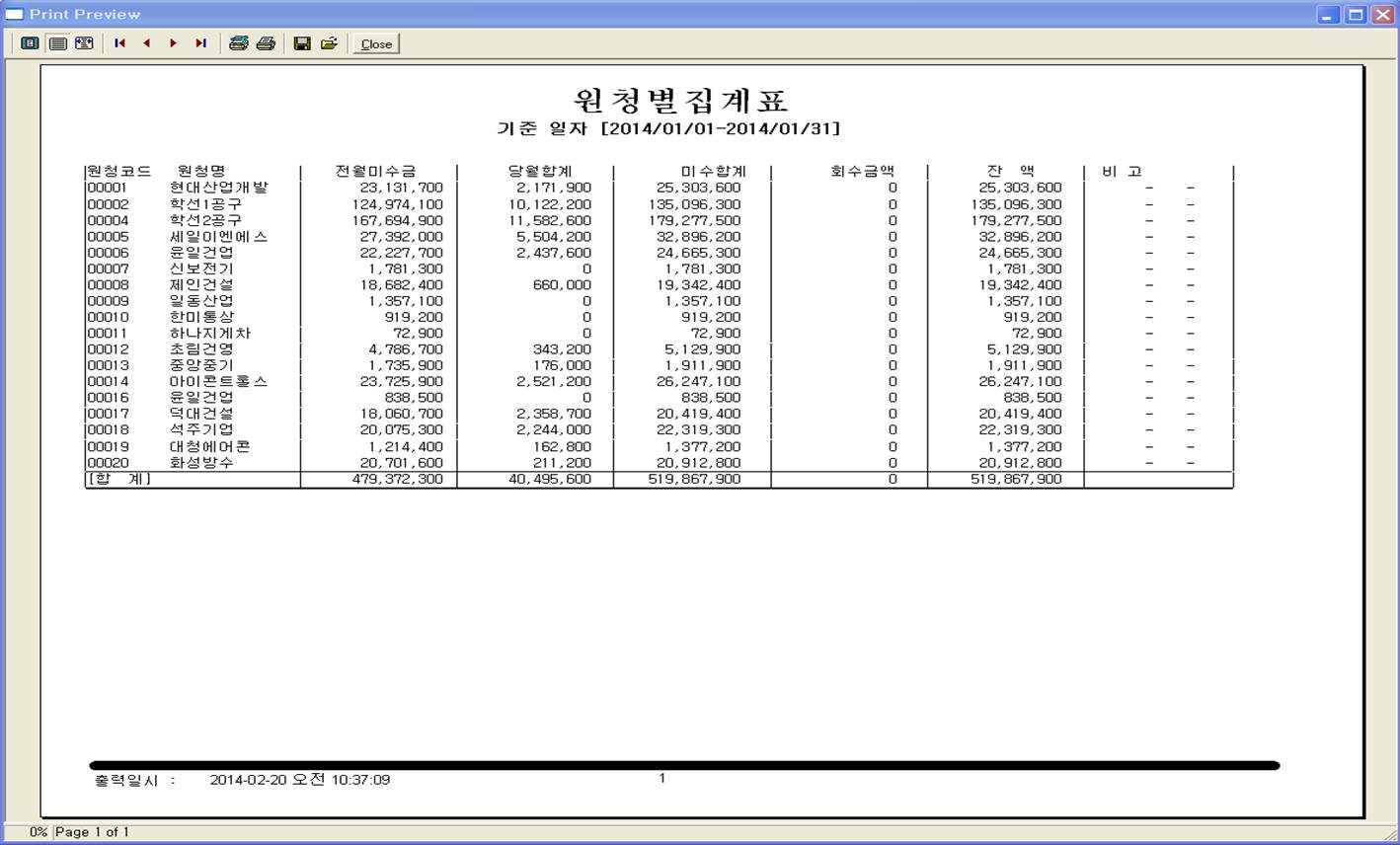 월결산시 협력업체별 결산자료화면